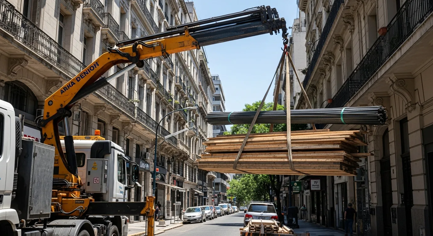Hidrogrúa subiendo materiales a una terraza
