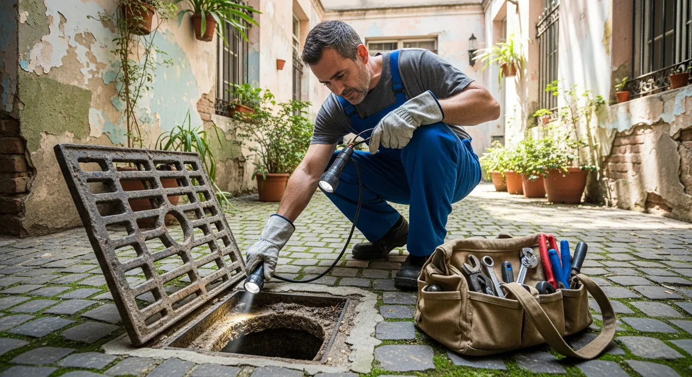 Técnico revisando una rejilla de patio en un edificio de CABA