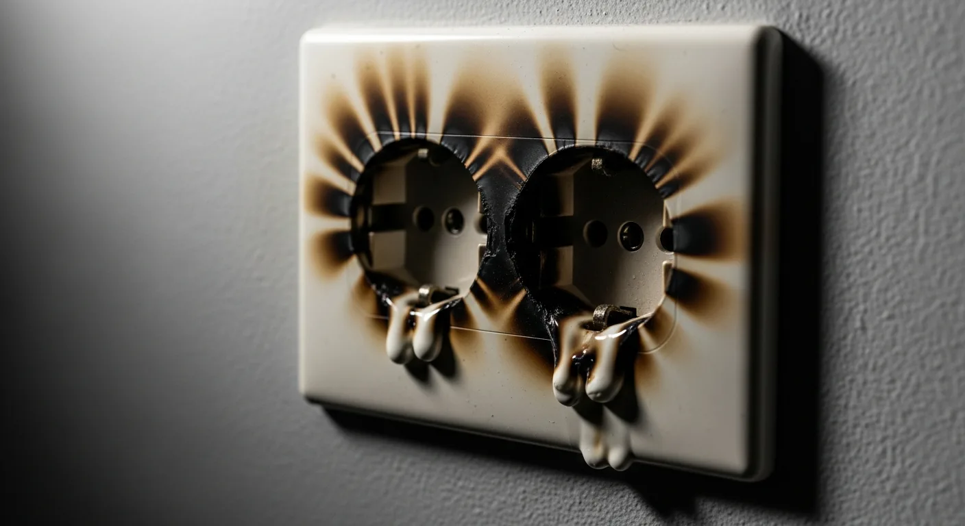 Enchufe quemado en la pared de un departamento, señal de urgencia eléctrica