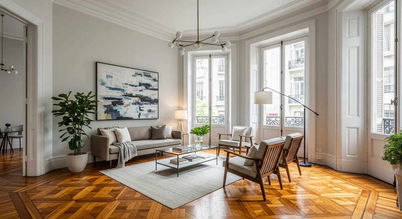 Living reciclado con pisos de parquet restaurados