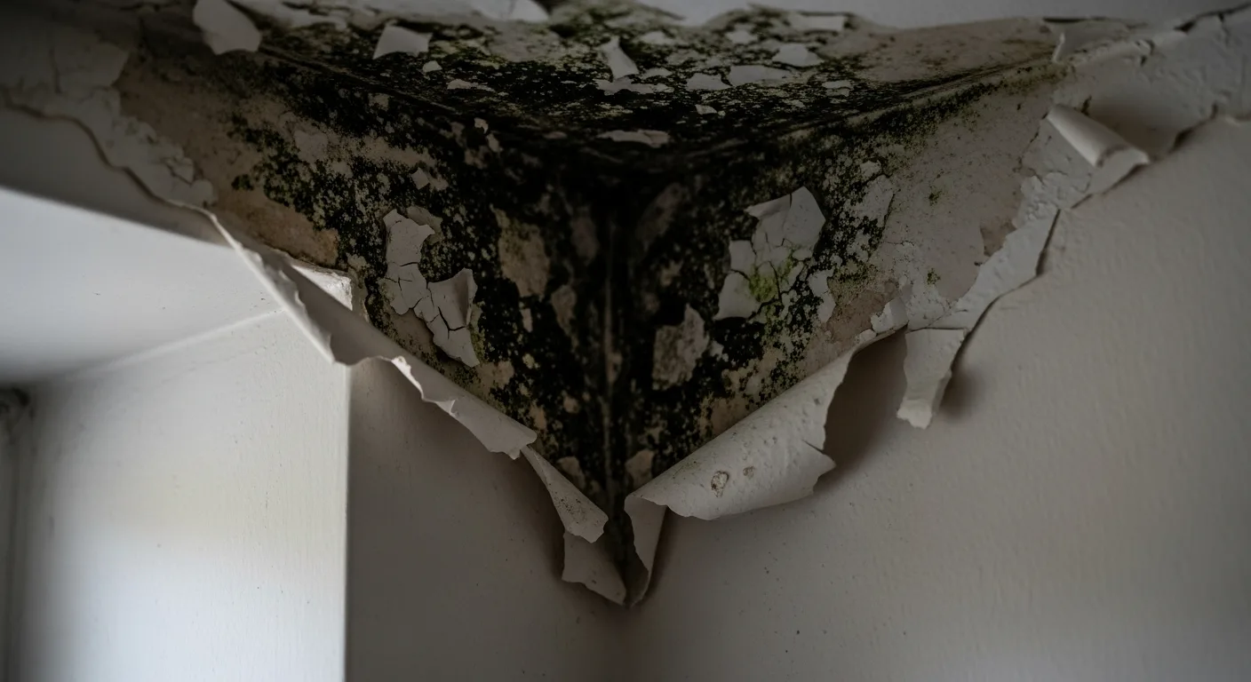 Mancha de humedad y pintura descascarada en el techo de un departamento