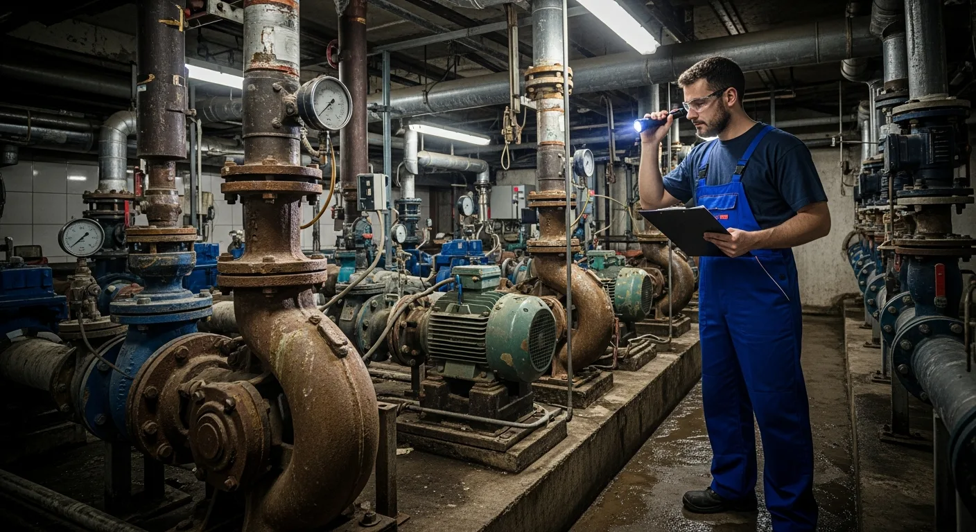Técnico revisando bombas y cañerías en la sala de máquinas de un edificio