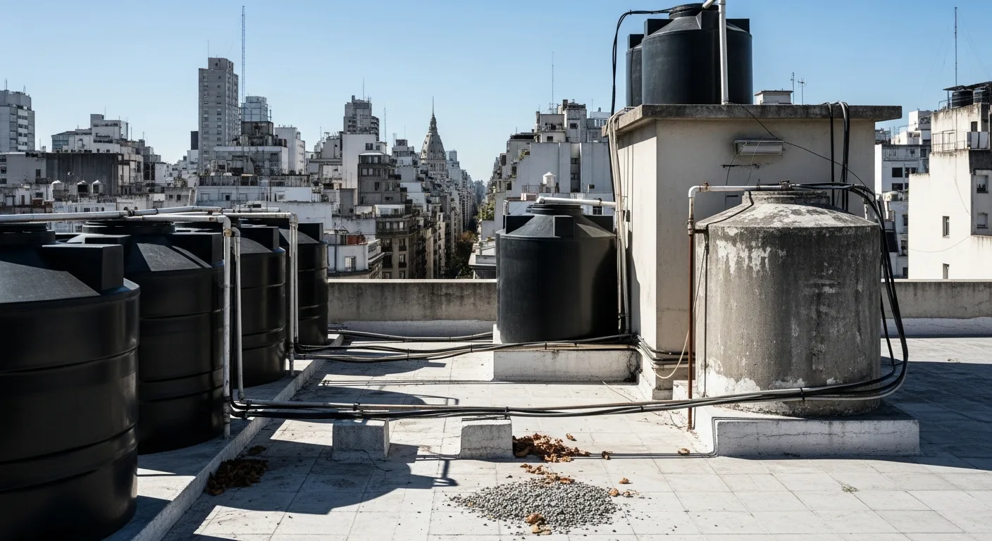 Tanques de reserva en la terraza de un edificio