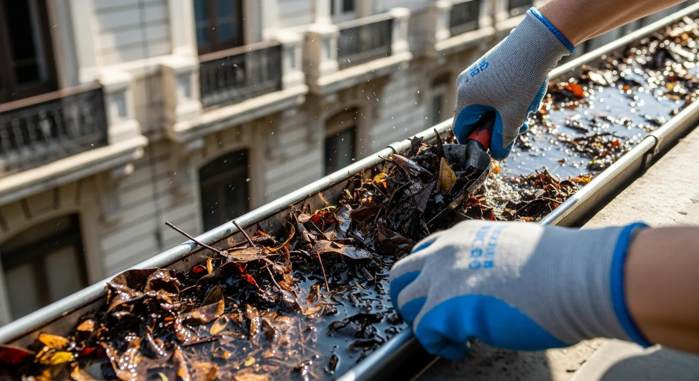Limpieza de una canaleta tapada con hojas en un techo de CABA